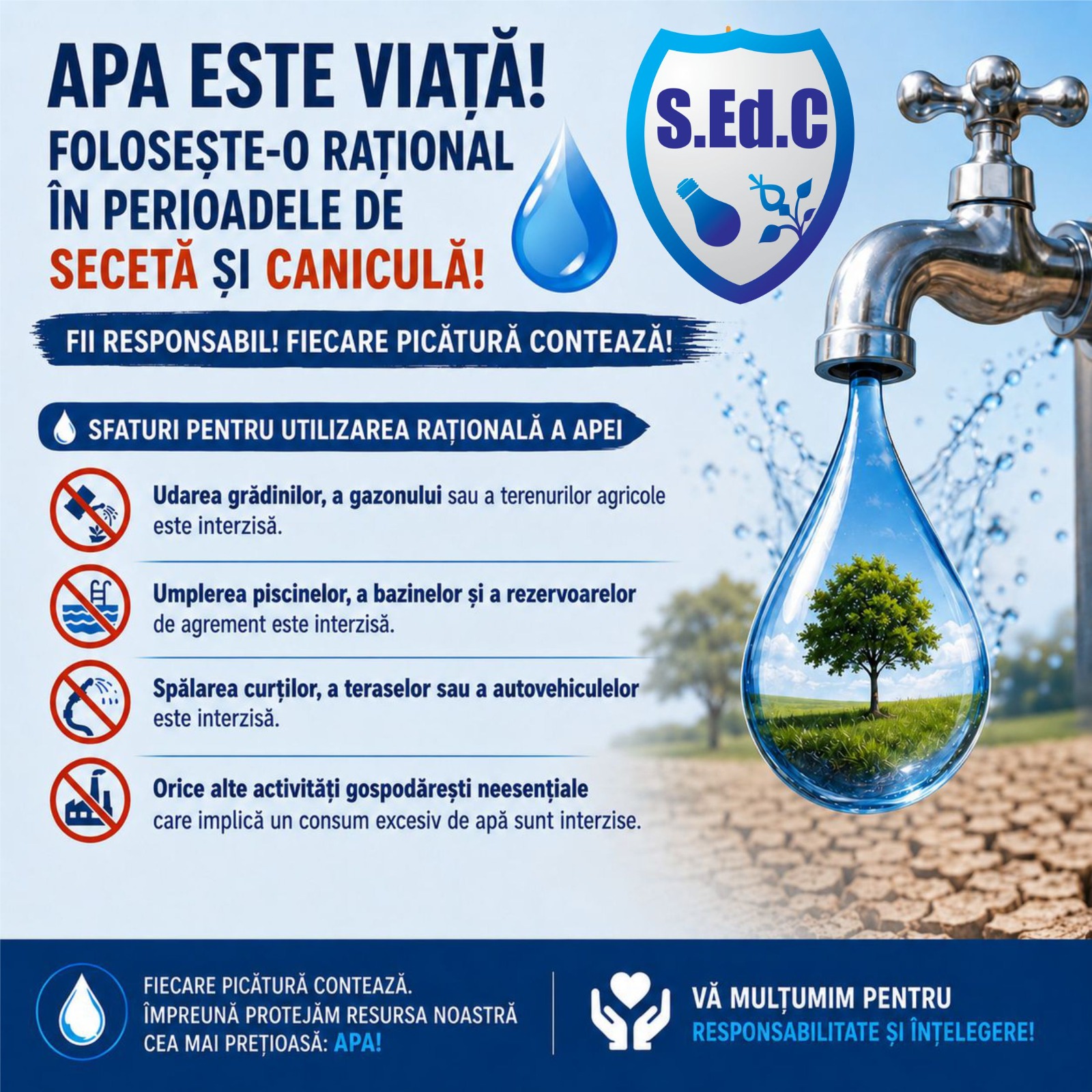 Apel la responsabilitate: Folosiți apa potabilă doar pentru consumul esențial